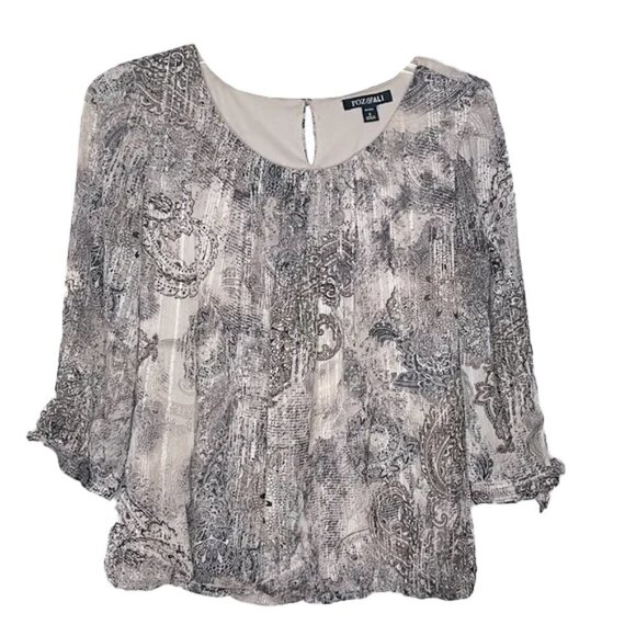 ❤️ ROZ AND ALI 3/4 Sleeve Elastic Hem Bubble Tie Sleeve Blouse small petite - Picture 1 of 9
